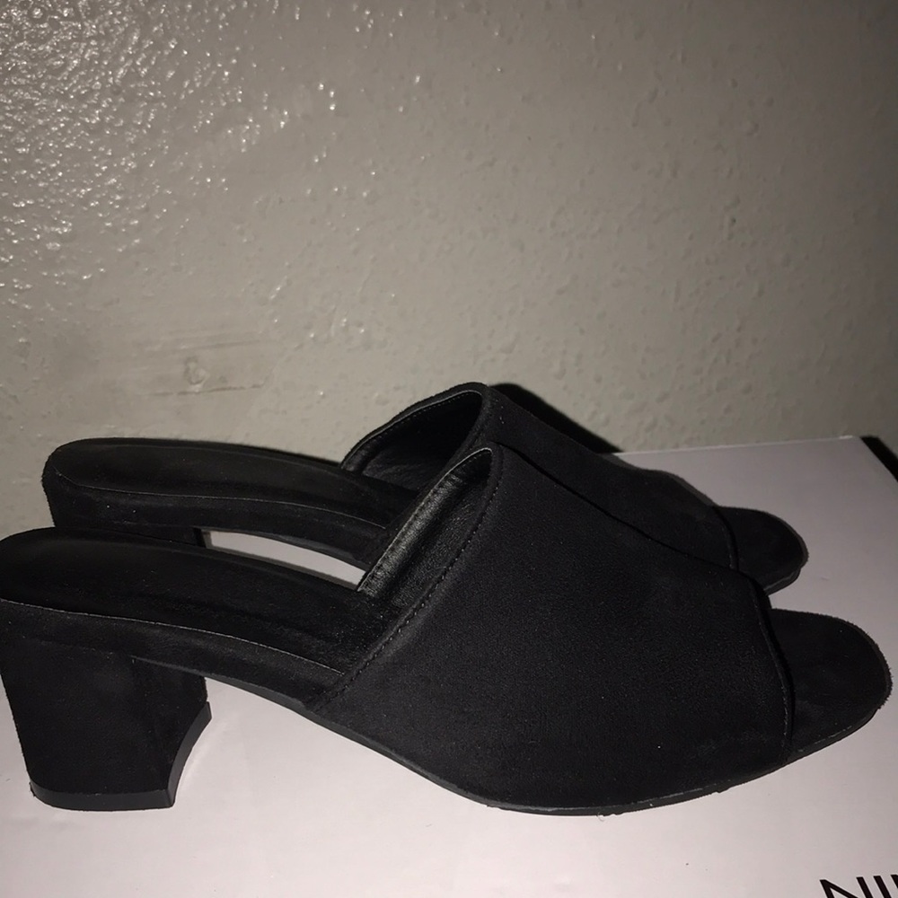Black suede slip on block heeled sandal